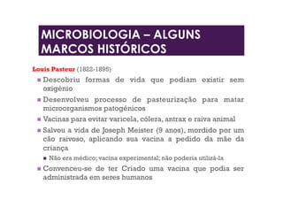 MICROBIOLOGIA – ALGUNS
MARCOS HISTÓRICOS
Louis Pasteur (1822-1895)
 Descobriu formas de vida que podiam existir sem
oxigénio
 Desenvolveu processo de pasteurização para matar
microorganismos patogénicos
 Vacinas para evitar varicela, cólera, antrax e raiva animal
 Salvou a vida de Joseph Meister (9 anos), mordido por um
cão raivoso, aplicando sua vacina a pedido da mãe da
criança
  Não era médico; vacina experimental; não poderia utilizá-la
 Convenceu-se de ter Criado uma vacina que podia ser
administrada em seres humanos
 