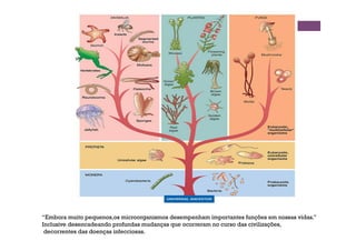 “Embora muito pequenos,os microorganismos desempenham importantes funções em nossas vidas.”
Inclusive desencadeando profundas mudanças que ocorreram no curso das civilizações,
decorrentes das doenças infecciosas.
 
