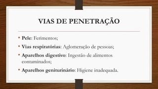 VIAS DE PENETRAÇÃO
• Pele: Ferimentos;
• Vias respiratórias: Aglomeração de pessoas;
• Aparelhos digestivo: Ingestão de alimentos
contaminados;
• Aparelhos geniturinário: Higiene inadequada.
 