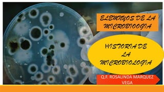 ELEMNYOS DE LA
MICROBIOOGIA
HISTORIA DE
LA
MICROBIOLOGIA
Q.F. ROSALINDA MARQUEZ
VEGA
 