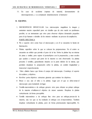 GUÍA DE PRÁCTICAS DE MICROBIOLOGÍA VETERINARIA I 2015
M.V.Z. Belinda Mamani Mamani Página 3
11. En caso de accidente (ruptura de material, derramamiento de
microorganismos...) se comunicará inmediatamente al instructor
B. EQUIPOS:
1. MICROSPOCIO BINOCULAR: Los microscopios magnifican la imagen y
aumentan nuestra capacidad para ver detalles que de otro modo no podríamos
percibir, es un instrumento que sirve para observar objetos demasiado pequeños
para el ojo humano o detalles de los mismos mediante un proceso de ampliación.
PARTE MECÁNICA
 Pie o soporte: sirve como base al microscopio y en él se encuentra la fuente de
iluminación.
 Platina: superficie sobre la que se colocan las preparaciones. En el centro se
encuentra un orificio que permite el paso de la luz. Sobre la platina hay un sistema
de pinza o similar, para sujetar el portaobjetos con la preparación, y unas escalas
que ayudan a conocer qué parte de la muestra se está observando. La platina
presenta 2 tornillos, generalmente situados en la parte inferior de la misma, que
permiten desplazar la preparación sobre la platina, en sentido longitudinal y
transversal respectivamente.
 Tubo: cilindro hueco que forma el cuerpo del microscopio. Constituye el soporte
de oculares y objetivos.
 Revólver porta objetivos: estructura giratoria que contiene los objetivos.
 Brazo o asa: une el tubo a la platina. Lugar por el que se debe tomar el
microscopio para trasladarlo de lugar.
 Tornillo macrométrico o de enfoque grosero: sirve para obtener un primer enfoque
de la muestra al utilizarse el objetivo de menor aumento. Desplaza la platina
verticalmente de forma perceptible.
 Tornillo micrométrico o de enfoque fino: sirve para un enfoque preciso de la
muestra, una vez que se ha realizado el enfoque con el macrométrico. También
desplaza verticalmente la platina, pero de forma prácticamente imperceptible. Es
 
