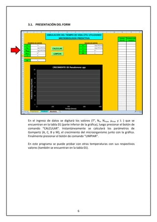 6
3.1. PRESENTACIÓN DEL FORM
En el ingreso de datos se digitará los valores (T°, No, Nmax, µmax y  ) que se
encuentran en la tabla 01 (parte inferior de la gráfica), luego presionar el botón de
comando “CALCULAR”. Instantáneamente se calculará los parámetros de
Gompertz (A, C, B y M), el crecimiento del microorganismo junto con la gráfica.
Finalmente presionar el botón de comando “LIMPIAR”.
En este programa se puede probar con otras temperaturas con sus respectivos
valores (también se encuentran en la tabla 01).
 