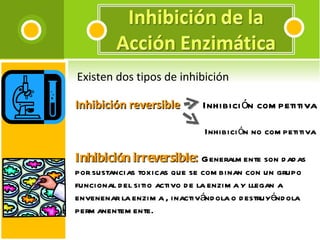   Existen dos tipos de inhibición   Inhibición reversible    Inhibición competitiva Inhibición no competitiva   Inhibición irreversible:  Generalmente son dadas por sustancias toxicas que se combinan con un grupo funcional del sitio activo de la enzima y llegan a envenenar la enzima , inactivándola o destruyéndola permanentemente. 