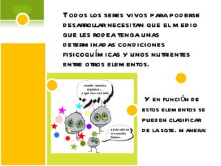 Todos los seres vivos para poderse desarrollar necesitan que el medio que les rodea tenga unas determinadas condiciones fisicoquímicas y unos nutrientes entre otros elementos.  Y en función de estos elementos se pueden clasificar  de la sgte. manera: 