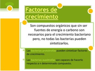 Son compuestos orgánicos que sin ser fuentes de energía o carbono son necesarios para el crecimiento bacteriano pero, no todas las bacterias pueden sintetizarlos. Las  bacterias protótrofas  pueden sintetizar factores de crecimiento. Las  bacterias auxótrofas  son capaces de hacerlo respecto a n determinado compuesto. 