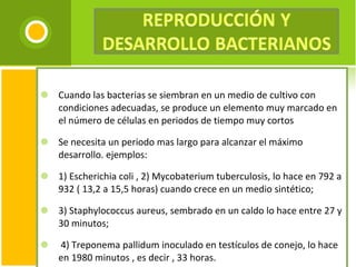 Cuando las bacterias se siembran en un medio de cultivo con condiciones adecuadas, se produce un elemento muy marcado en el número de células en periodos de tiempo muy cortos Se necesita un periodo mas largo para alcanzar el máximo desarrollo. ejemplos:  1) Escherichia coli , 2) Mycobaterium tuberculosis, lo hace en 792 a 932 ( 13,2 a 15,5 horas) cuando crece en un medio sintético;  3) Staphylococcus aureus, sembrado en un caldo lo hace entre 27 y 30 minutos; 4) Treponema pallidum inoculado en testículos de conejo, lo hace en 1980 minutos , es decir , 33 horas.   