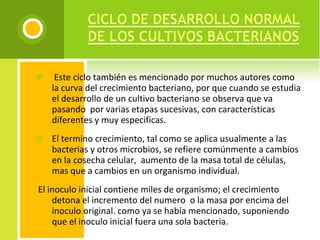   Este ciclo también es mencionado por muchos autores como la curva del crecimiento bacteriano, por que cuando se estudia el desarrollo de un cultivo bacteriano se observa que va pasando  por varias etapas sucesivas, con características diferentes y muy especificas. El termino crecimiento, tal como se aplica usualmente a las bacterias y otros microbios, se refiere comúnmente a cambios en la cosecha celular,  aumento de la masa total de células, mas que a cambios en un organismo individual.    El inoculo inicial contiene miles de organismo; el crecimiento detona el incremento del numero  o la masa por encima del inoculo original. como ya se había mencionado, suponiendo que el inoculo inicial fuera una sola bacteria. 