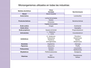 Microorganismos utilizados en todas las industrias:
Bebidas alcohólicas

Vinos
Cervezas

Etanol

Etanol industrial

Ácido láctico

Productos lácticos

Ácido acético

Saccharomyces
Lactobacillus

Leches fermentadas
Quesos
Embutidos
Vegtales fermentados
Vinagre

Ácido cítrico

Bacterias lácticas

Acetobacter
Aspergillus

Ácido propiónico

Quesos emmental

Propionibacterium

Aminoácidos

L – Glutámico
L – Lisina

Corynebacterium

Antibióticos

β – lactámicos
Tetraciclinas
Peptídicos
Aminoglicósidos

Penicilium
Streptomyces
Bacillus
Streptomyces

Alcaloides
Pigmentos

Ergotamina
Astaxantina

Claviceps
Phaffia

Polisacáridos

Dextrano
Xantano

Leuconostoc
Xanthomonas

Bioplásticos

Polihidroxialcanatos

Alcaligenes

Vitaminas

B12
Riboflavina

Pseudomonas
Ashbya

 