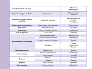Floriduras
Streptomyces

Transformación de esteroides

Fangos activos

Bacterias aerobias
Protozoos

Depuración de materia orgánica
semisólida

Biodigestión anaerobia

Bacterias anaeróbicas
Arqueas
Metanógenes

Biodegradación de xenobióticos

Biodegradación de hidrocarburos

Pseudomonas

Biosensores

Análisis de glucosa

Aspergillus

Bioensayos

Tests de Toxicidad ambiental

Photobacterium

Tests mutagénicos

Test de Ames

Salmonela

Levadura de panificación

Saccharomyces

Proteína unicelular bacteriana

Methylophilus

Proteína unicelular de levaduras

Candida

Microalgas

Chlorella
Scenedesmus
Spirulina

Bioinsecticidas

Bacillus

Proteína unicelular fúngica

Paecilomyces

Cultivo de setas

Morchella

Amilasas

Aspergillus

Proteasas

Bacillus

Hormonas

Insulina humana

Escherichia

Otras proteínas

Interferón humano

Escherichia

Depuración de aguas residuales

Microorganismos unicelulares

Esporas bacterianas
Biomasa fúngica

Enzimas

 