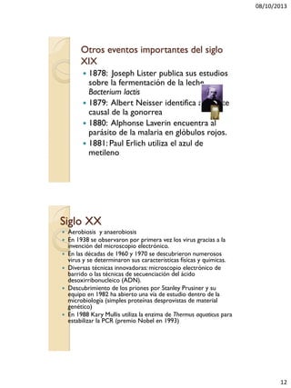 08/10/2013
12
Otros eventos importantes del siglo
XIX
 1878: Joseph Lister publica sus estudios
sobre la fermentación de la leche
Bacterium lactis
 1879: Albert Neisser identifica al agente
causal de la gonorrea
 1880: Alphonse Laverin encuentra al
parásito de la malaria en glóbulos rojos.
 1881: Paul Erlich utiliza el azul de
metileno
Siglo XX
 Aerobiosis y anaerobiosis
 En 1938 se observaron por primera vez los virus gracias a la
invención del microscopio electrónico.
 En las décadas de 1960 y 1970 se descubrieron numerosos
virus y se determinaron sus características físicas y químicas.
 Diversas técnicas innovadoras: microscopio electrónico de
barrido o las técnicas de secuenciación del ácido
desoxirribonucleico (ADN).
 Descubrimiento de los priones por Stanley Prusiner y su
equipo en 1982 ha abierto una vía de estudio dentro de la
microbiología (simples proteínas desprovistas de material
genético)
 En 1988 Kary Mullis utiliza la enzima de Thermus aquaticus para
estabilizar la PCR (premio Nobel en 1993)
 