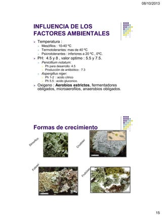 08/10/2013
15
INFLUENCIA DE LOS
FACTORES AMBIENTALES
 Temperatura :
 Mesófilos : 10-40 ºC
 Termotolerantes: mas de 40 ºC
 Psicrotolerantes : inferiores a 20 ºC , 0ºC.
 PH: 4.5 y 8 , valor optimo : 5.5 y 7.5.
 Penicillium notatum:
 Ph para desarrollo: 4.5
 Producción de antibiótico : 7.3
 Aspergillus niger:
 Ph 1-2 : acido cítrico
 Ph 5.5 : acido gluconico.
 Oxigeno : Aerobios estrictos, fermentadores
obligados, microaerofilos, anaerobios obligados.
Formas de crecimiento
 