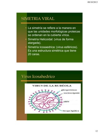 08/10/2013
12
SIMETRIA VIRAL
• La simetría se refiere a la manera en
que las unidades morfológicas proteicas
se ordenan en la cubierta vírica.
• Simetría Helicoidal: (virus de forma
alargada).
• Simetría Icosaedrica: (virus esféricos).
Es una estructura simétrica que tiene
20 caras.
Virus Icosahedrico
 