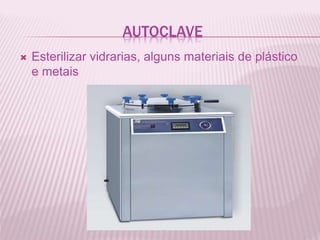 AUTOCLAVE
Esterilizar vidrarias, alguns materiais de plástico
e metais