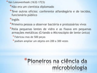 * Van Leeuwenhoek (1632-1723)
  * Não era um cientista diplomado
  * Teve outros ofícios: conferente   alfandegário e de tecidos,
    funcionário público
  * Inglês
  * Primeira pessoa a observar bactéria e protozoários vivos
  * Polia pequenas lentes de vidro e as fixava em pequenas
    armações metálicas (Criando o Microscópio de lente única)
    * Fabricou mas de 500 peças
    * podiam ampliar um objeto em 200 a 300 vezes




             *
 