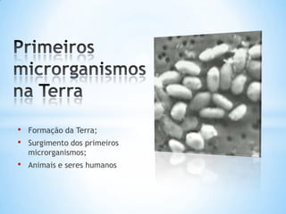 •   Formação da Terra;
•   Surgimento dos primeiros
    microrganismos;
•   Animais e seres humanos
 
