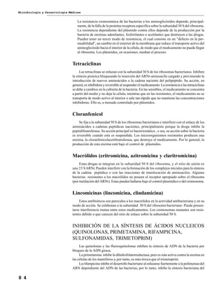 Microbiología y Parasitología Médicas
8 4
La resistencia cromosómica de las bacterias a los aminoglicósidos depende, principal-
mente, de la falla de la proteína receptora específica sobre la subunidad 30 S del ribosoma.
La resistencia dependiente del plásmido contra ellos depende de la producción por la
bacteria de enzimas adenilantes, fosforilantes o acetilantes que destruyen a las drogas.
Pueden tener un tercer modo de resistencia, el cual consiste en un "defecto en la per-
meabilidad", un cambio en el exterior de la membrana que reduce el transporte activo del
aminoglicósido hacia el interior de la célula, de modo que el medicamento no puede llegar
al ribosoma. Los plásmidos, en ocasiones, median el proceso.
Tetraciclinas
Las tetracilinas se enlazan con la subunidad 30 S de los ribosomas bacterianos. Inhiben
la síntesis proteica bloqueando la inserción del ARNt-aminoacilo cargado y previniendo la
introducción de nuevos aminoácidos a la cadena naciente del polipéptido. Su acción, en
general, es inhibidora y reversible al suspender el medicamento. La resistencia a las tetraciclinas
se debe a cambios en la cubierta de la bacteria. En las sensibles, el medicamento se concentra
a partir del medio y no deja la célula; mientras que en las resistentes, el medicamento no se
transporta de modo activo al interior o sale tan rápido que no mantiene las concentraciones
inhibidoras. Ello es, a menudo controlado por plásmidos.
Cloranfenicol
Se fija a la subunidad 50 S de los ribosomas bacterianos e interfiere con el enlace de los
aminoácidos a cadenas peptídicas nacientes, principalmente porque la droga inhibe la
peptidiltransferasa. Su acción principal es bacteriostática , o sea, su acción sobre la bacteria
es reversible cuando esta es suspendida. Los microorganismos resistentes producen una
enzima, la cloranfenicolacetiltransferasa, que destruye el medicamento. Por lo general, la
producción de esta enzima está bajo el control de plásmidos.
Macrólidos (eritromicina, azitromicina y claritromicina)
Estas drogas se integran en la subunidad 50 S del ribosoma, y el sitio de unión es
una 23 SARNr. Pueden interferir con la formación de los complejos iniciales para la síntesis
de la cadena peptídica o con las reacciones de translocación de aminoacilos. Algunas
bacterias resistentes a los macrólidos no poseen el receptor apropiado sobre el ribosoma
(por metilación del ARNr). Estas pueden hallarse bajo el control plasmídico o del cromosoma.
Lincomicinas (lincomicina, clindamicina)
Estos antibióticos son parecidos a los macrólidos en la actividad antibacteriana y en su
modo de acción. Se eslabonan a la subunidad 50 S del ribosoma bacteriano. Puede presen-
tarse interferencia mutua entre estos medicamentos. Los cromosomas mutantes son resis-
tentes debido a que carecen del sitio de enlace sobre la subunidad 50 S.
INHIBICIÓN DE LA SÍNTESIS DE ÁCIDOS NUCLEICOS
(QUINOLONAS, PRIMETAMINA, RIFAMPICINA,
SULFONAMIDAS, TRIMETOPRIM)
Las quinolonas y las fluoroquinolonas inhiben la síntesis de ADN de la bacteria por
bloqueo de la ADN girasa.
La primetamina inhibe la dihidrofolatorreductasa, pero es más activa contra la enzima en
las células de los mamíferos y, por tanto, es más tóxica que el trimetoprim.
La rifampicina inhibe el desarrollo bacteriano al enlazarse fuertemente a la polimerasa del
ARN dependiente del ADN de las bacterias, por lo tanto, inhibe la síntesis bacteriana del
 