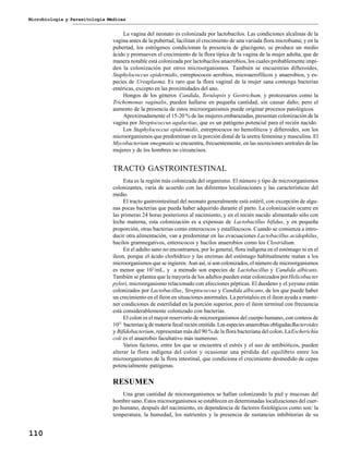 Microbiología y Parasitología Médicas
110
La vagina del neonato es colonizada por lactobacilos. Las condiciones alcalinas de la
vagina antes de la pubertad, facilitan el crecimiento de una variada flora microbiana; y en la
pubertad, los estrógenos condicionan la presencia de glucógeno, se produce un medio
ácido y promueven el crecimiento de la flora típica de la vagina de la mujer adulta, que de
manera notable está colonizada por lactobacilos anaerobios, los cuales probablemente impi-
den la colonización por otros microorganismos. También se encuentran difteroides,
Staphylococcus epidermidis, estreptococos aerobios, microaerofílicos y anaerobios, y es-
pecies de Ureaplasma. Es raro que la flora vaginal de la mujer sana contenga bacterias
entéricas, excepto en las proximidades del ano.
Hongos de los géneros Candida, Torulopsis y Geotrichum, y protozoarios como la
Trichomonas vaginalis, pueden hallarse en pequeña cantidad, sin causar daño; pero el
aumento de la presencia de estos microorganismos puede originar procesos patológicos.
Aproximadamente el 15-20 % de las mujeres embarazadas, presentan colonización de la
vagina por Streptococcus agalactiae, que es un patógeno potencial para el recién nacido.
Los Staphylococcus epidermidis, estreptococos no hemolíticos y difteroides, son los
microorganismos que predominan en la porción distal de la uretra femenina y masculina. El
Mycobacterium smegmatis se encuentra, frecuentemente, en las secreciones uretrales de las
mujeres y de los hombres no circuncisos.
TRACTO GASTROINTESTINAL
Esta es la región más colonizada del organismo. El número y tipo de microorganismos
colonizantes, varía de acuerdo con las diferentes localizaciones y las características del
medio.
El tracto gastrointestinal del neonato generalmente está estéril, con excepción de algu-
nas pocas bacterias que pueda haber adquirido durante el parto. La colonización ocurre en
las primeras 24 horas posteriores al nacimiento, y en el recién nacido alimentado sólo con
leche materna, esta colonización es a expensas de Lactobacillus bifidus, y en pequeña
proporción, otras bacterias como enterococos y estafilococos. Cuando se comienza a intro-
ducir otra alimentación, van a predominar en las evacuaciones Lactobacillus acidophilus,
bacilos gramnegativos, enterococos y bacilos anaerobios como los Clostridium.
En el adulto sano no encontramos, por lo general, flora indígena en el estómago ni en el
íleon, porque el ácido clorhídrico y las enzimas del estómago habitualmente matan a los
microorganismos que se ingieren. Aun así, si son colonizados, el número de microorganismos
es menor que 103
/mL, y a menudo son especies de Lactobacillus y Candida albicans.
También se plantea que la mayoría de los adultos pueden estar colonizados porHelicobacter
pylori, microorganismo relacionado con afecciones pépticas. El duodeno y el yeyuno están
colonizados por Lactobacillus, Streptococcus y Candida albicans, de los que puede haber
un crecimiento en el íleon en situaciones anormales. La peristalsis en el íleon ayuda a mante-
ner condiciones de esterilidad en la porción superior, pero el íleon terminal con frecuencia
está considerablemente colonizado con bacterias.
El colon es el mayor reservorio de microorganismos del cuerpo humano, con conteos de
1012
bacterias/g de materia fecal recién emitida. Las especies anaerobias obligadasBacteroides
y Bifidobacterium, representan más del 90 % de la flora bacteriana del colon. LaEscherichia
coli es el anaerobio facultativo más numeroso.
Varios factores, entre los que se encuentra el estrés y el uso de antibióticos, pueden
alterar la flora indígena del colon y ocasionar una pérdida del equilibrio entre los
microorganismos de la flora intestinal, que condiciona el crecimiento desmedido de cepas
potencialmente patógenas.
RESUMEN
Una gran cantidad de microorganismos se hallan colonizando la piel y mucosas del
hombre sano. Estos microorganismos se establecen en determinadas localizaciones del cuer-
po humano, después del nacimiento, en dependencia de factores fisiológicos como son: la
temperatura, la humedad, los nutrientes y la presencia de sustancias inhibitorias de su
 