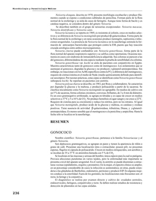 Microbiología y Parasitología Médicas
236
Neisseria elongata, descrita en 1970, presenta morfología cocobacilar y produce fila-
mentos cuando se expone a condiciones subletales de penicilina. Forman parte de la flora
normal de la orofaringe y se aísla de casos de faringitis. Aunque tiene forma de bacilo y es
catalasa negativa, se considera dentro del género Neisseria.
Se describen también en el grupo de neisserias excepcionales: Neisseria macacae,
Neisseria denitrificans y Neisseria canis.
Neisseria lactamica se reporta en 1969, es resistente al colistin, crece en medios selec-
tivos y se diferencia deNeisseria meningitidispor producirβ-galactosidasa. Forma parte de
la flora normal de la orofaringe y en raras ocasiones produce meningitis, septicemia e infec-
ciones urogenitales. La presencia de Neisseria lactamica en la nasofaringe estimula la for-
mación de anticuerpos bactericidas que protegen contra la EM, puesto que hay reacción
cruzada serológica entre ambos microorganismos.
Neisseria cinerea puede confundirse con Neisseria gonorrhoeae, forma parte de la
flora normal del aparato respiratorio superior y se califica como oportunista. Ocasiona neu-
monía en casos con síndrome de inmunodeficiencia adquirida. Sus colonias se parecen a las
del gonococo, diferenciándose de esta especie mediante la prueba de sensibilidad a la colistina.
Neisseria gonorrhoeae var. kochii se aísla de pacientes con conjuntivitis en Egipto.
Muestra características tanto de gonococo como de meningococo. Los aislamientos que se
asemejan al gonococo, degradan la glucosa y no producen γ-glutamil-aminopectidasa. Sin
embargo, no reaccionan con los AcMs específicos contra la P1 y a diferencia del meningococo,
requiere de cistina/cisteína en el medio de Neda (medio químicamente definido para identifi-
car auxotipos). Por razones prácticas, estas cepas se identifican comoNeisseria gonorrhoeae
subespecie kochii. Se reportan en pacientes con uretritis.
Neisseria polysaccharea se describe, en 1983, por Riou y colaboradores. Se caracteriza
por degradar la glucosa y la maltosa, y producir polisacárido a partir de la sacarosa. Se
clasifica inicialmente como Neisseria meningitidis no agrupable. En medios de cultivo con
un 5 % de sacarosa, forma colonias circulares, convexas, brillantes, de 3 a 4 mm de diámetro.
Es un coco gramnegativo arriñonado, se agrupa en tétradas y es capaz de crecer en medios
selectivos a 370
C y 5 a 10 % de CO2
. No produce hemólisis en agar-sangre y no crece a 220
C.
Requiere de cisteína para su crecimiento y reduce los nitritos, pero no los nitratos. Al igual
que Neisseria meningitidis, produce ácido de la glucosa y maltosa, es catalasa y oxidasa
positivas. Tiene ausencia de actividad β-galactosidasa, tributirina, Dnasa, y γ-glutamil-
aminopectidasa. Es menos sensible que el meningococo a la penicilina y ampicilina. Hasta la
fecha sólo se localiza en la nasofaringe.
RESUMEN
GONOCOCO
Nombre científico: Neisseria gonorrhoeae, pertenece a la familia Neisseriaceae y al
género Neisseria.
Son diplococos gramnegativos, se agrupan en pares y tienen la apariencia de riñón o
grano de café. Presentan una localización intra o extracelular; poseen pili; no presentan
esporas, flagelos ni cápsula de polisacárido. Crecen en medios enriquecidos, son aerobios y
se incuban de 35 a 37 0
C en atmósfera húmeda con 5 % de CO2
.
Se localizan en las mucosas y serosas del hombre, única especie para la cual es patógena.
Provoca afecciones purulentas en varios tejidos, pero la enfermedad más importante se
presenta a nivel del aparato urogenital. En el varón, la uretritis se puede diseminar a estruc-
turas vecinas (epididimitis, orquitis y prostatitis). En la mujer, el espectro clínico es amplio;
en un porcentaje considerable de casos la infección es asintomática; en otras, puede exten-
derse a las glándulas de Bartholino, endometrio, peritoneo y producir EIP. En algunas muje-
res conduce a la esterilidad. Fuera de los genitales, las localizaciones más frecuentes son: el
recto, la faringe y la conjuntiva.
El diagnóstico se realiza por examen directo y cultivo de: exudados uretrales,
endocervicales, faríngeos, conjuntivales y recto. Se deben realizar estudios de resistencia y
detección de plásmidos en las cepas aisladas.
 