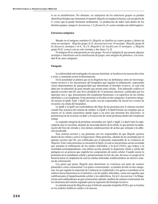 Microbiología y Parasitología Médicas
264
to en su metabolismo. No obstante, en cualquiera de los anteriores grupos se pueden
identificar biotipos que fermenten el manitol.Shigella no emplea la lactosa, con excepción de
S. sonnei que la puede fermentar tardíamente. La producción de indol varía dentro de los
distintos grupos, aunqueS. dysenteriae1, S. flexneri6 yS. sonnei siempre son indol negativo.
Estructura antigénica
Basado en el antígeno somático O, Shigella se clasifica en cuatro grupos y dentro de
estos en serotipos: Shigella grupo A (S. dysenteriae) con 10 serotipo: Shigella grupo B
(S. flexneri), serotipos 1 al 6, X e Y; Shigella C (S. boydii) con 15 serotipos; y Shigella
grupo D (S. sonnei) con un solo serotipo y dos fases, I y II.
El antígeno H no está presente en este grupo. No así el antígeno K que poseen algunos
serotipos e interfieren con la clasificación de grupo; este antígeno K pertenece a la varie-
dad B de estos antígenos.
Patogenia
La enfermedad está restringida a la mucosa intestinal, se localiza en la mucosa del colon
y recto, y raramente ocurre la diseminación.
En la actualidad se plantea que en la shigelosis hay un desbalance entre un microorga-
nismo invasivo y los mecanismos del hospedero que regulan la inflamación, expresando
varios determinantes de patogenicidad que determinan el fenotipo invasivo, el cual está
dado por un plásmido de gran tamaño que portan estas células. Este plásmido codifica el
aparato excretor tipo III, que lleva alrededor de 15 proteínas efectoras, codificadas por los
operones mxi y spa, directamente del citoplasma bacteriano a la superficie de las células
epiteliales o a su citoplasma. Estas proteínas se dividen en dos categorías: la primera catego-
ría incluye la IpaB, TpaC e IpaD, las cuales son las responsables de iniciar los eventos de
invasión a la célula del hospedero.
La IpaB y la IpaD son controladoras del flujo de las proteínas por el sistema excretor
cuando hay ausencia del sistema de señales. La IpaB y la IpaD forman un complejo que se
inserta en la célula eucariótica dando lugar a un poro que presenta dos funciones: la
polimerización de la actina vía IpaC y la inyección de varias proteínas dentro del citoplasma
celular.
La segunda categoría de proteínas secretadas son: IpaA e IpgD. La IpaA tiene la capa-
cidad de unir la vinculina, después de inyectada dentro de la célula, lo que permite la madu-
ración del foco de entrada y crea densas condensaciones de actina que semejan a la adhe-
sión localizada.
Este sistema secretor y sus proteínas son los responsables de que Shigella penetre
dentro de las células y active la fagocitosis. Otras proteínas, además de las secretadas por el
aparato secretor tipo III, son codificadas por el plásmido responsable de la virulencia en
Shigella. Entre estas proteínas se encuentra la SepA, la cual es una proteasa serina secretada
que aumenta la inflamación de los tejidos infectados; y la IcsA (VirG), que induce a la
motilidad actinodependiente; esta última acción permite la dispersión célula a célula del
patógeno en un proceso que engloba los componentes de unión celular. Cuando ocurre la
protusión de la membrana celular y posteriormente la lisis de esta, favorece el escape de la
bacteria hacia el citoplasma de nuevas células infectadas estableciéndose un efectivo siste-
ma de colonización.
Los genes que posee Shigella para determinar su virulencia son tanto de carácter
plasmídico como cromosomal. Los genes cromosomales se pueden dividir en dos catego-
rías: los que regulan la expresión de virulencia en el plásmido y los genes a considerar en la
sobrevivencia bacteriana en el intestino y en los tejidos infectados, como son aquellos que
codifican para el lipopolisacárido celular y los sideróforos. En la S. dysenteriae 1 la Shiga-
toxina está codificada por un gen cromosomal; además, también de carácter cromosomal son
los elementos del sistema regulador para la expresión del fenotipo invasivo.
La entrada inicial deShigellaes por el folículo asociado al epitelio (FAE), que se localiza
en los nódulos linfáticos unidos a la mucosa.
 