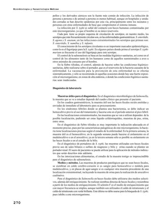 Microbiología y Parasitología Médicas
270
pollos y los derivados cárnicos son la fuente más común de infección. La infección de
persona a persona o de animal a persona es menos habitual, aunque en hospitales y unida-
des cerradas se han descrito epidemias por esta vía, principalmente entre los neonatos y
personas con otras enfermedades de base que comprometen el sistema inmune.
La infección por S. typhi es señal del contacto con heces humanas contaminadas por
este microorganismo, ya que el hombre es su único reservorio.
Cada país tiene su propio esquema de circulación de serotipos; en nuestro medio, los
serotiposquemásfrecuentementecirculanson,enlasenfermedadesgastroentéricas: S.enteritidis,
S. agona y S. anatum; en las infecciones extraintestinales los serotipos que priman son:
S. enteritidis, S. namibia y S. infantis.
El conocimiento de los serotipos circulantes es un importante marcador epidemiológico,
como lo es el fagotipaje para laS. typhi. En algunos países donde prima el serotipoS. typhi-
murium es frecuente el uso del fagotipaje para este serotipo.
El control de la salmonelosis se basa en las medidas higiénico-sanitarias, así como en el
control de los alimentos tanto de los humanos como de aquellos suministrados a aves u
otros animales de consumo por el hombre.
En la fiebre tifoidea, el control, además de hacerse sobre las condiciones higiénico-
sanitarias, debe realizarse sobre el portador, que es el reservorio de la bacteria causante de la
enfermedad. La vacunación para la prevención de esta enfermedad no se efectúa
sistemáticamente, y sólo se recomienda en aquellas ocasiones donde hay una fuerte exposi-
ción al microorganismo, en zonas de alta endemia, o donde las condiciones higiénico-sanita-
rias sean inadecuadas.
Diagnóstico de laboratorio
Muestras útiles para el diagnóstico. En el diagnóstico microbiológico deSalmonella,
la muestra que se va a estudiar depende del cuadro clínico que presente el paciente.
En los cuadros gastroentéricos, la muestra útil son las heces fecales recién emitidas y
enviadas de inmediato al laboratorio para su procesamiento.
En los síndromes febriles donde se plantea una bacteriemia, se debe indicar un
hemocultivo previo al uso del tratamiento y hacerse este en el período anterior al pico febril.
En las localizaciones extraintestinales, las muestras que se van a utilizar dependen de la
posible localización, pudiendo ser estas líquido cefalorraquídeo, muestras de pus, orina,
entre otras.
En el diagnóstico de fiebre tifoidea es muy importante la indicación adecuada en el
momento preciso, pues por las características patogénicas de este microorganismo, la bacte-
ria tiene localizaciones precisas según el estadio de la enfermedad. En la primera semana, la
muestra útil es el hemocultivo; en la segunda semana puede hacerse el aislamiento en el
medulocultivo o en el urocultivo; ya en la tercera semana sólo es posible su aislamiento en
las heces fecales o en el estudio de la bilis.
En el diagnóstico de portadores de S. typhi, las muestras utilizadas son heces fecales
previo uso de sales biliares o sulfato de magnesio y bilis y orina cuando se plantee un
portador renal. El suero de pacientes se puede utilizar para la aplicación de métodos indirec-
tos que serán descritos más adelante.
En las intoxicaciones alimentarias, el estudio de la muestra testigo es imprescindible
para el diagnóstico de salmonelosis.
Medios y métodos. Las muestras de productos patológicos que no sean heces fecales,
se siembran en caldo cerebro-corazón si es sangre para hemocultivo o médula para
medulocultivo, y en placas de agar-sangre si es cualquier otra muestra procedente de una
localización extraintestinal, incluyendo la muestra de orina para la realización de urocultivo
cualitativo.
Para el diagnóstico de Salmonella en heces fecales debe utilizarse dos medios selecti-
vos, además del enriquecimiento. Se realizan siembras directas de heces fecales y resiembras
a partir de los medios de enriquecimiento. El selenito F es el medio de enriquecimiento que
con mayor frecuencia se emplea, aunque también son utilizados el caldo de tetrationato y el
caldodetetrationatoconverdebrillante.EsteúltimonodebeusarseparalabúsquedadeS. typhi,
pues inhibe a este microorganismo.
 