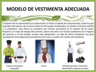 MODELO DE VESTIMENTA ADECUADA 
El objetivo de la indumentaria en restauración es limitar el aporte de contaminantes, tanto los que 
proceden del exterior de la cocina como los del propio manipulador, sin olvidar la función estética 
y la protectora. Esta última se considera una función secundaria en la mayoría de los casos. 
Respecto a la ropa de trabajo del cocinero, ejerce más bien una función protectora de la higiene 
del proceso y no del trabajo, aunque hay excepciones. La ropa de diario transporta una gran 
cantidad de microorganismos procedentes de la casa, la calle o los medios de transporte 
Filipina o chaqueta 
impecable 
Delantal, guantes, mascarilla 
desechable y zapatos cerrados 
Gorro 
 