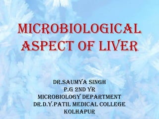 MICROBIOLOGICAL
ASPECT OF LIVER
DR.SAUMYA SINGH
P.G 2ND YR
MICROBIOLOGY Department
dr.d.y.patil medical college
kolhapur

 
