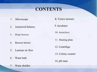 CONTENTS
1. Microscope 8. Vortex mixture
2. Analytical balance
10. Autoclave
3. Deep freezer
11. Heating plate
4. Bunsen burner
12. Centrifuge
5. Laminar air flow
13. Colony counter
6. Water bath
14. pH mete
7. Water distiller
9. Incubator
 