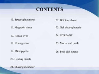 15. Spectrophotometer
16. Magnetic stirrer
17. Hot air oven
18. Homogenizer
19. Micropipette
20. Heating mantle
21. Shaking incubator
22. BOD incubator
23. Gel electrophoresis
24. SDS PAGE
25. Mortar and pestle
26. Petri dish rotator
CONTENTS
 