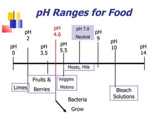 pH Ranges for Food pH 7.0 Neutral pH 0 pH 14 pH 2 pH 3.5 pH 9 pH 4.6 pH 5.5 pH 10 Limes Fruits & Berries Veggies  Melons Meats, Milk Bleach Solutions Bacteria Grow 