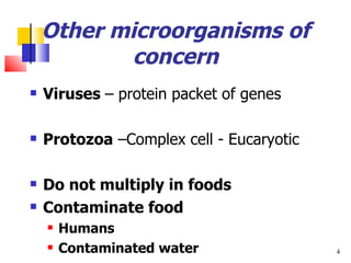 Other microorganisms of concern Viruses  – protein packet of genes Protozoa  –Complex cell - Eucaryotic Do not multiply in foods Contaminate food  Humans Contaminated water 