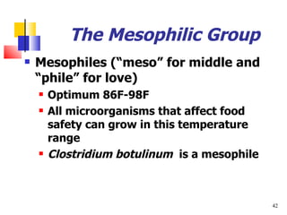 The Mesophilic Group Mesophiles ( “meso” for middle and “phile” for love) Optimum 86F-98F All microorganisms that affect food safety can grow in this temperature range Clostridium botulinum   is a mesophile 