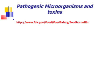Pathogenic Microorganisms and toxins http://www.fda.gov/Food/FoodSafety/FoodborneIllness/FoodborneIllnessFoodbornePathogensNaturalToxins/BadBugBook/default.htm 