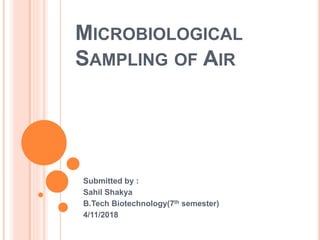 MICROBIOLOGICAL
SAMPLING OF AIR
Submitted by :
Sahil Shakya
B.Tech Biotechnology(7th semester)
4/11/2018
 