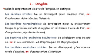 1. Oxygène
Selon le comportement vis à vis de l’oxygéne, on distingue:
Les aérobies strictes: Ne se développent qu'en présence d'air, ex:
Pseudomonas, Acinetobacter, Neisseria.
Les bactéries microaérophiles: Se développent mieux ou exclusivement
lorsque la pression partielle d'oxygène est inférieure à celle de l'air, ex:
Campylobacter, Mycobacteriaceae).
Les bactéries aéro-anaérobies facultatives: Se développent avec ou sans
air, ex: E. coli, Salmonella, les streptocoques, les staphylocoques.
Les bactéries anaérobies strictes: Ne se développent qu'en absence
totale d'oxygène, ex: Fusobacterium, Clostridium
 