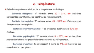 2. Température
Selon le comportement vis à vis de la température on distingue:
Bactéries mésophiles: T° optimale entre 20 - 37°C, ex: bactéries
pathogenèse pour l’homme, les bactéries de l’environnement.
Bactérie thermophiles: T° optimale entre 45 - 55°C, ex: Enterococccus,
Streptococcus thermophilus .
Bactéries hyperthermophiles: T° de croissance supérieures à 80°C ex:
Archaea.
Bactéries psychrophile: T° optimale entre 4 - 20°C, ex: les bactéries
pouvant contaminer les produits laitiers conservés au réfrigérateur.
Bactéries cryophiles: Se développent à moins de 4°C, ex: bactéries des
eaux de mer et des glaces.
 