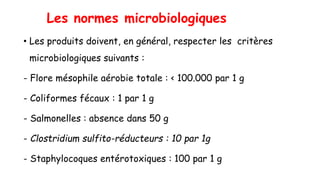 Les normes microbiologiques
• Les produits doivent, en général, respecter les critères
microbiologiques suivants :
- Flore mésophile aérobie totale : < 100.000 par 1 g
- Coliformes fécaux : 1 par 1 g
- Salmonelles : absence dans 50 g
- Clostridium sulfito-réducteurs : 10 par 1g
- Staphylocoques entérotoxiques : 100 par 1 g
 
