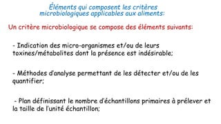 Éléments qui composent les critères
microbiologiques applicables aux aliments:
Un critère microbiologique se compose des éléments suivants:
- - Indication des micro-organismes et/ou de leurs
toxines/métabolites dont la présence est indésirable;
- - Méthodes d’analyse permettant de les détecter et/ou de les
quantifier;
- Plan définissant le nombre d’échantillons primaires à prélever et
la taille de l’unité échantillon;
 