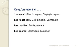 Ce qu’on retient ici …..
Les cocci :Streptocoques, Staphylocoques
Les flagelles: E-Coli, Shigella, Salmonella
Les bacilles: Bacillus cereus
Les spores: Clostridium botulinum
23Franck Rencurel, 2020 BTS diététique
 
