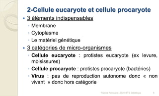 2-Cellule eucaryote et cellule procaryote
 3 éléments indispensables
◦ Membrane
◦ Cytoplasme
◦ Le matériel génétique
 3 catégories de micro-organismes
◦ Cellule eucaryote : protistes eucaryote (ex levure,
moisissures)
◦ Cellule procaryote : protistes procaryote (bactéries)
◦ Virus : pas de reproduction autonome donc « non
vivant » donc hors catégorie
6Franck Rencurel, 2020 BTS diététique
 