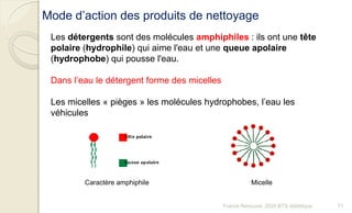 Les détergents sont des molécules amphiphiles : ils ont une tête
polaire (hydrophile) qui aime l'eau et une queue apolaire
(hydrophobe) qui pousse l'eau.
Dans l’eau le détergent forme des micelles
Les micelles « pièges » les molécules hydrophobes, l’eau les
véhicules
Mode d’action des produits de nettoyage
MicelleCaractère amphiphile
71Franck Rencurel, 2020 BTS diététique
 