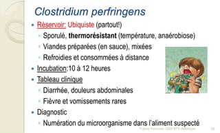 Clostridium perfringens
 Réservoir: Ubiquiste (partout!)
◦ Sporulé, thermorésistant (température, anaérobiose)
◦ Viandes préparées (en sauce), mixées
◦ Refroidies et consommées à distance
 Incubation:10 à 12 heures
 Tableau clinique
◦ Diarrhée, douleurs abdominales
◦ Fièvre et vomissements rares
 Diagnostic
◦ Numération du microorganisme dans l’aliment suspecté
93Franck Rencurel, 2020 BTS diététique
 