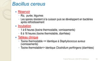 Bacillus cereus
 Réservoir
◦ Riz, purée, légumes
◦ Les spores résistent à la cuisson puis se développent en bactéries
après refroidissement
 Incubation
◦ 1 à 6 heures (toxine thermostable, vomissements)
◦ 6 à 16 heures (toxine thermolabile, diarrhées)
 Tableau clinique
◦ Toxine thermostable => Identique à Staphylococcus aureus
(vomissements)
◦ Toxine thermolabile=> identique Clostridium perfringens (diarrhées)
94Franck Rencurel, 2020 BTS diététique
 
