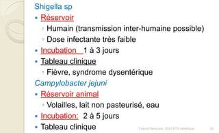 Shigella sp
 Réservoir
◦ Humain (transmission inter-humaine possible)
◦ Dose infectante très faible
 Incubation 1 à 3 jours
 Tableau clinique
◦ Fièvre, syndrome dysentérique
Campylobacter jejuni
 Réservoir animal
◦ Volailles, lait non pasteurisé, eau
 Incubation: 2 à 5 jours
 Tableau clinique 95Franck Rencurel, 2020 BTS diététique
 