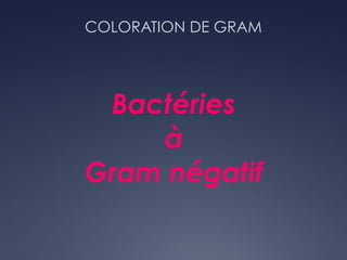 COLORATION DE GRAM
Bactéries
à
Gram négatif
 