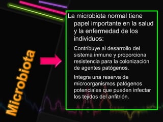 La microbiota normal tiene
papel importante en la salud
y la enfermedad de los
individuos:
• Contribuye al desarrollo del
sistema inmune y proporciona
resistencia para la colonización
de agentes patógenos.
• Integra una reserva de
microorganismos patógenos
potenciales que pueden infectar
los tejidos del anfitrión.
 
