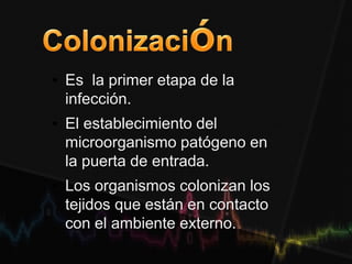 • Es la primer etapa de la
infección.
• El establecimiento del
microorganismo patógeno en
la puerta de entrada.
• Los organismos colonizan los
tejidos que están en contacto
con el ambiente externo.
 