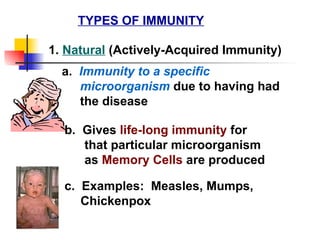 TYPES OF IMMUNITY 1.   Natural  (Actively-Acquired Immunity) b.  Gives  life-long immunity  for that particular microorganism as  Memory Cells  are produced a.  Immunity to a specific microorganism  due to having had the disease c.  Examples:  Measles, Mumps, Chickenpox 
