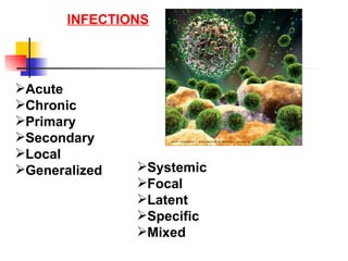 INFECTIONS Acute Chronic Primary Secondary Local Generalized Systemic Focal Latent Specific Mixed 