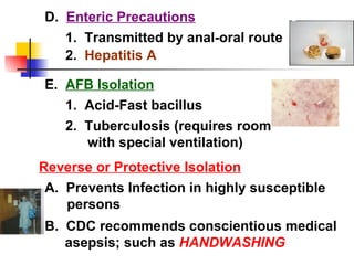 D.  Enteric Precautions E.  AFB Isolation Reverse or Protective Isolation 1.  Transmitted by anal-oral route 2.  Hepatitis A 1.  Acid-Fast bacillus 2.  Tuberculosis (requires room with special ventilation) A.  Prevents Infection in highly susceptible persons B.  CDC recommends conscientious medical asepsis; such as  HANDWASHING 