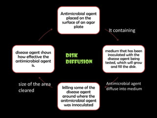 Antimicrobial agent
                         placed on the
                       surface of an agar
                             plate
                                               It containing



disease agent shows                          medium that has been
                        Disk                   inoculated with the
 how effective the                             disease agent being
antimicrobial agent     diffusion            tested, which will grow
         is.                                     and fill the disk.



 size of the area                            Antimicrobial agent
                       killing some of the   diffuse into medium
 cleared                  disease agent
                       around where the
                      anitmicrobial agent
                        was innoculated
 